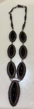 Vtg Mexican Sterling Silver & Marcasit-Style Black Onyx Marquise Statemt Necklac